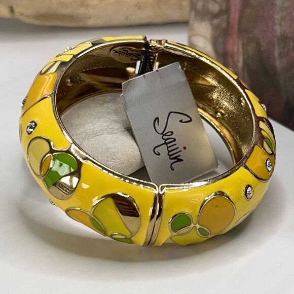 Yellow & Green  Enamel Geometric Pattern Accented with Clear Crystals in Gold Hi - Picture 9 of 11